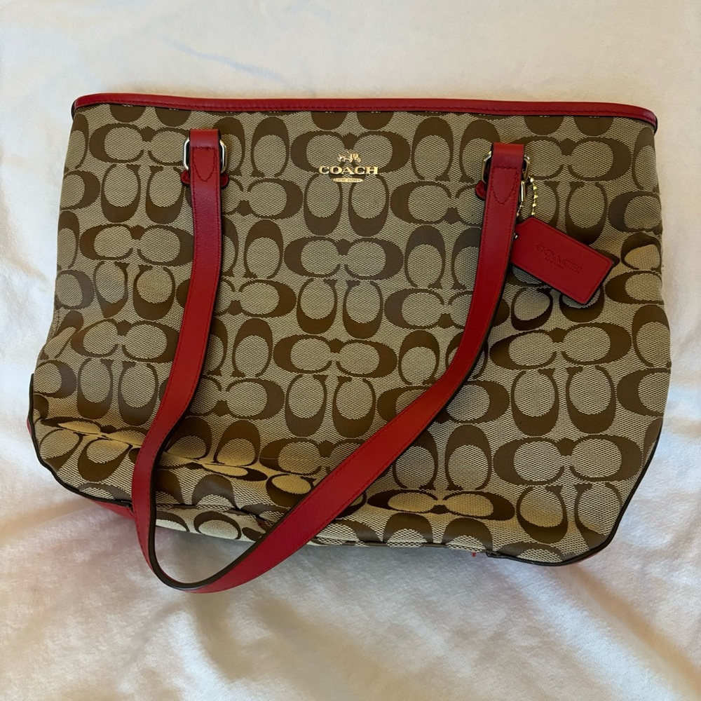 Coach Signature Canvas Medium Tote with Red Leather Trim and Straps.